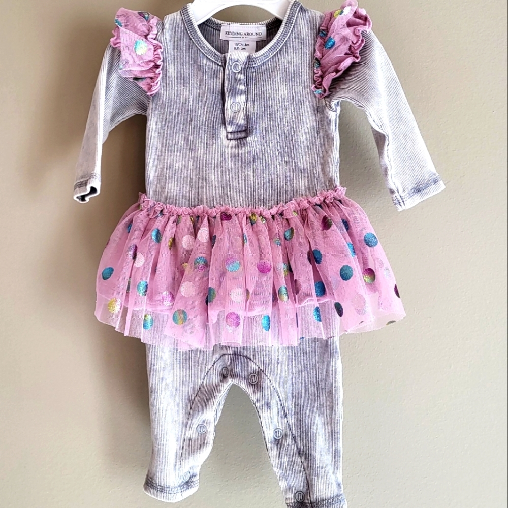 Ribbed footless romper with attached polka dot tutu